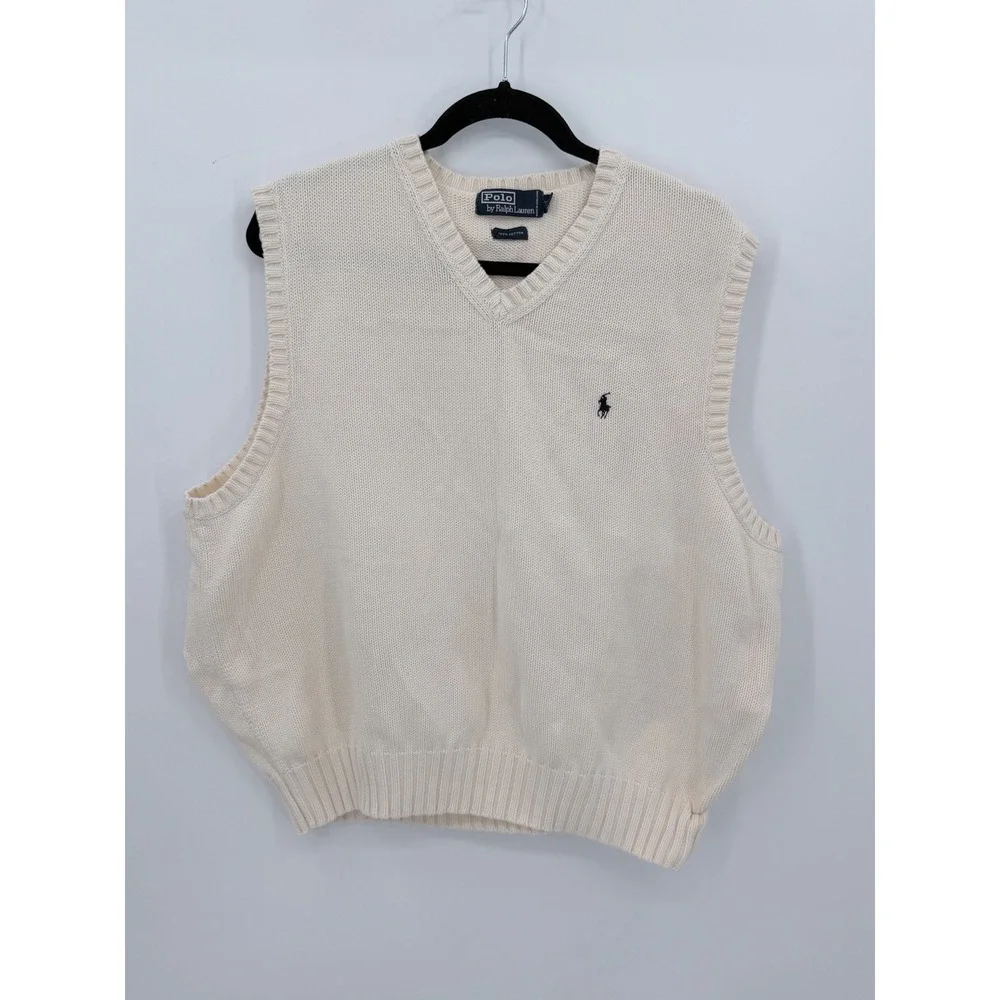 Polo Ralph Lauren Sweater Vest Mens XXL Cream V-Neck Cotton Knit Pony Logo